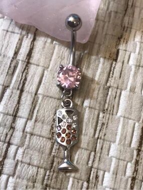 Pink gem champagne flute dangle belly button ring navel ring piercing 14 gauge